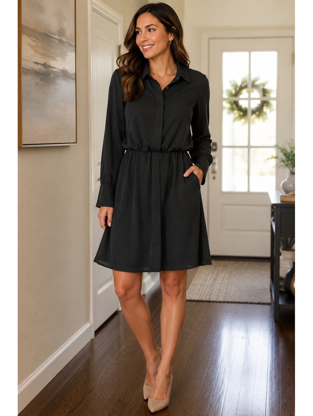 BCBG New York Black Shirt Dress M Long Sleeve Collared Hidden Button Midi office